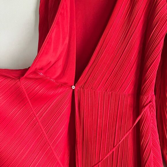 H&M Red Pleated Faux Wrap Dress XS – Balloon Sleeves Party Holiday Cocktail - Picture 5 of 7